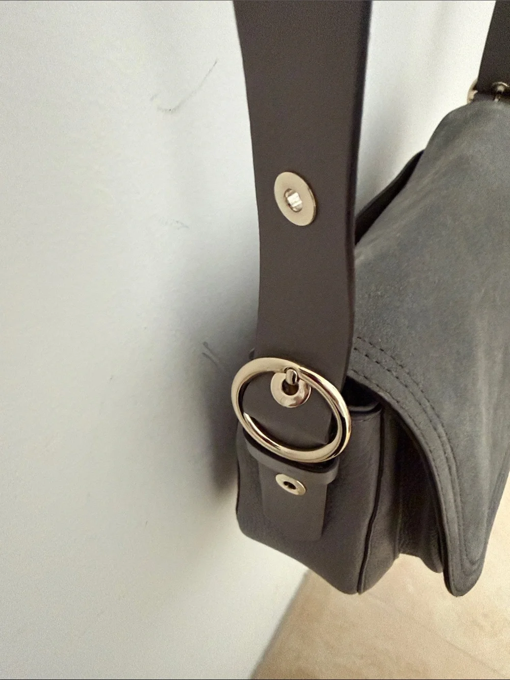 kate spade Gray Suede Crossbody Bag with Black Strap